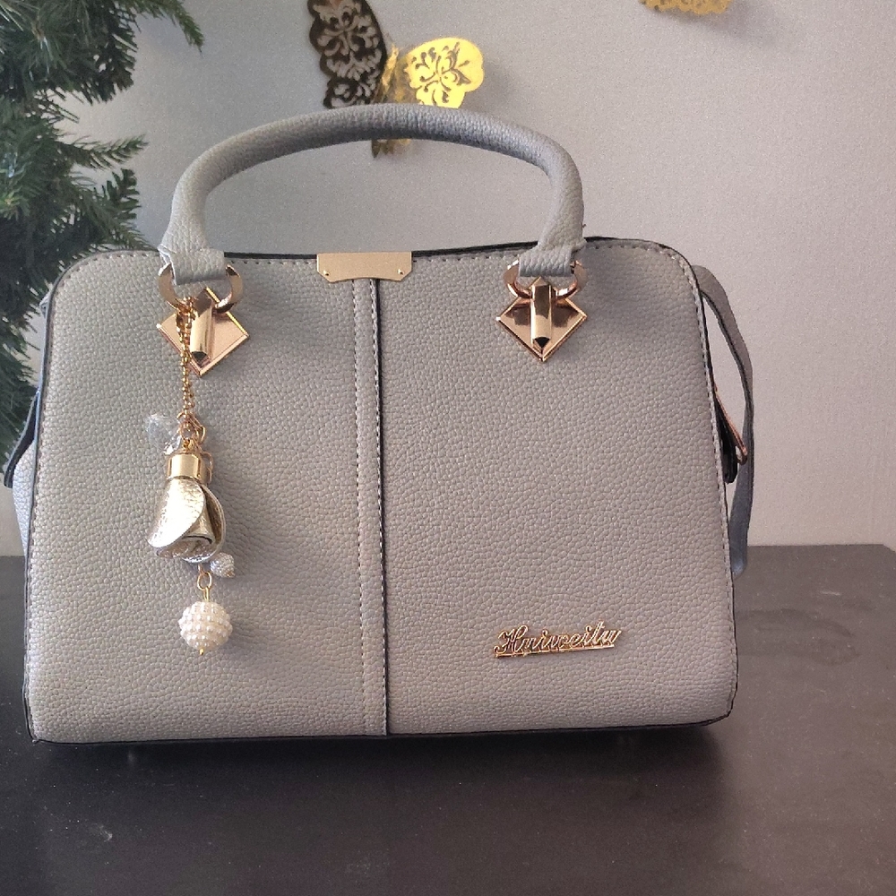 Gray Handbag with Gold Accents